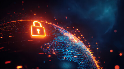 Glowing padlock on digital earth representing global cybersecurity and data protection concept view