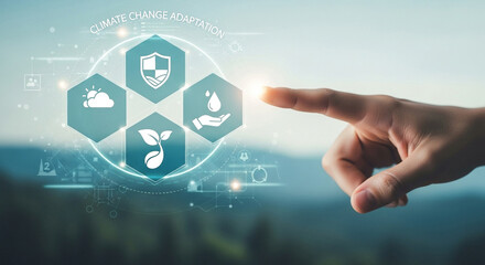 Climate change adaptation icons with hand touching screen over blurred landscape background view