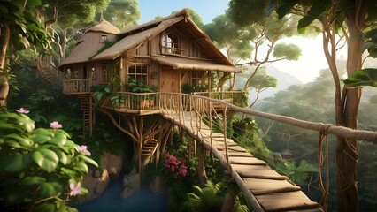 Cozy Treehouse Nestled Deep in a Lush Green Forest Surrounded by Blooming Flowers