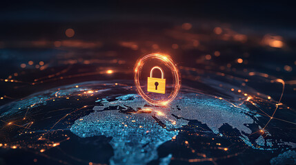 Digital world map with glowing connections and a padlock surrounded by a glowing ring effect
