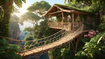 Cozy Treehouse Nestled Deep in Lush Green Forest with Rope Bridge at Dusk