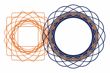 Intricate geometric patterns in vibrant orange and deep blue create a modern, abstract design perfect for branding or digital art, showcasing complex symmetry and creative flair