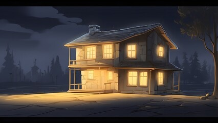 Crooked three-story house illuminated at night in a rural setting with soft glowing windows