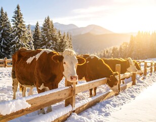 Cows in a snowy mountain pasture at sunrise