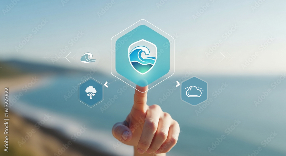 Aufkleber finger touching a digital interface with a wave icon against a blurred beach background view