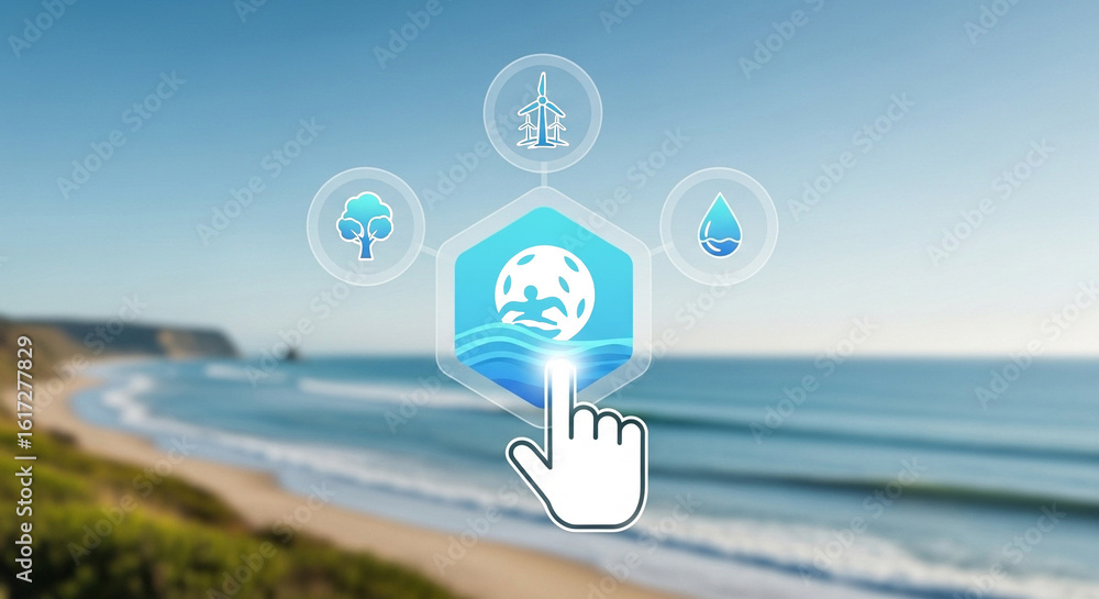 Poster hand touching a hexagon icon with a swimmer on a beach with tree windmill and water icons above