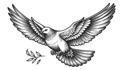 Obraz premium Detailed black and white illustration of a dove in flight