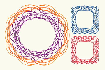 Vibrant abstract swirling frames and borders in artistic purple, orange, blue, and red hues offer a modern, creative visual element for design projects and decorative accents.