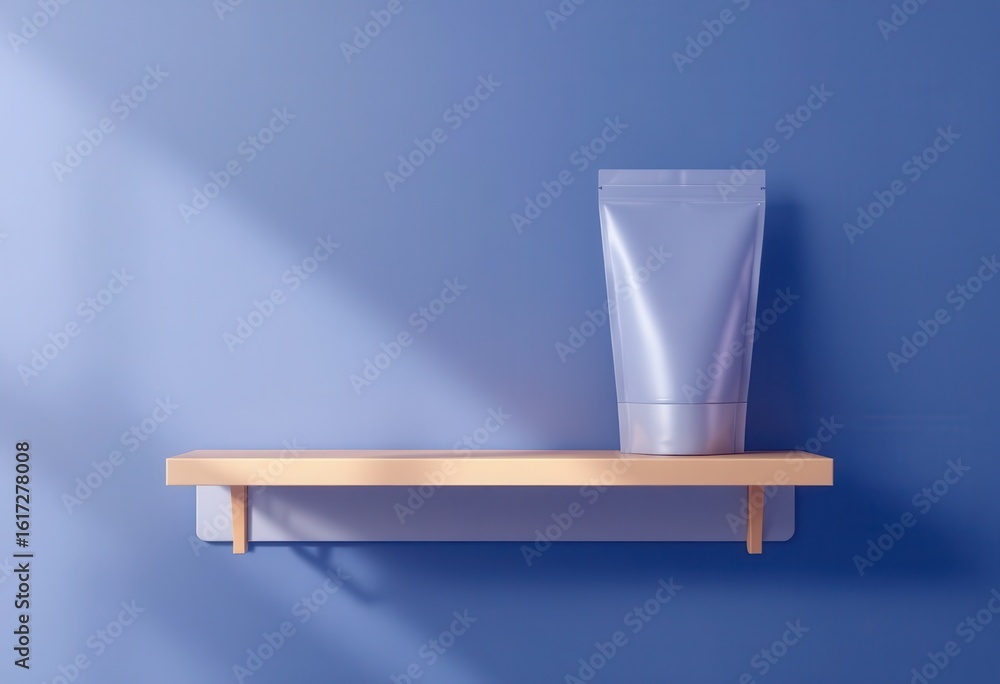 Poster light-filled shelf display with a metallic pouch.