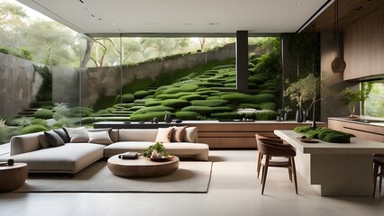 Modern High-End House Interior with Lush Green Forest View and Natural Light