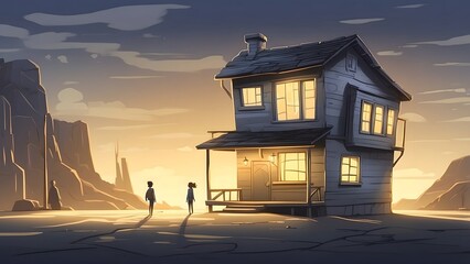 Silhouettes of Two Figures Walking Toward a Crooked Three Story House at Dusk
