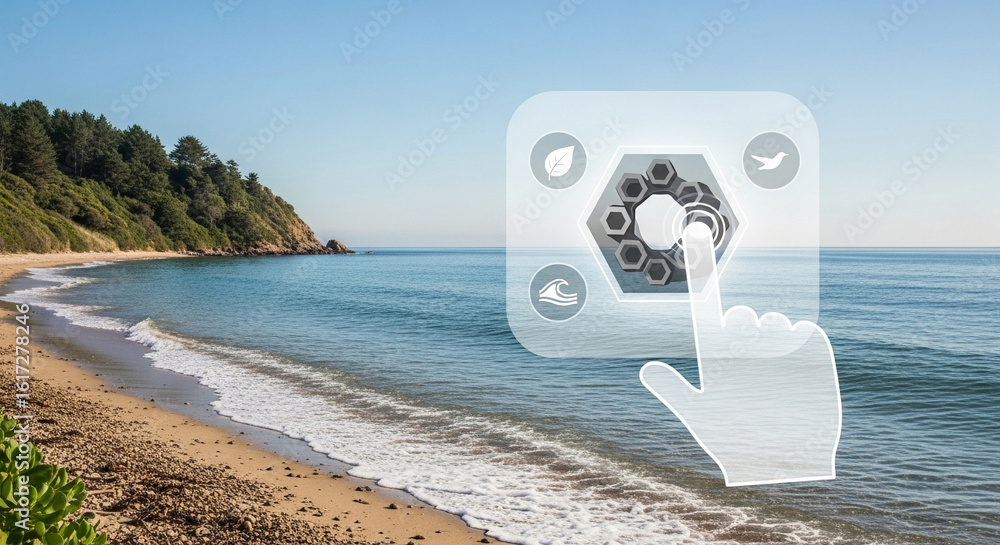 Poster hand touching a virtual interface on a beach with ocean waves and a tree covered hill in the backgro
