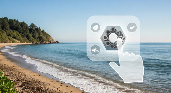 Hand touching a virtual interface on a beach with ocean waves and a tree covered hill in the background