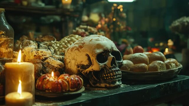 Halloween-themed decorations and baked goods on display, including skeleton heads with bread items, candles, pumpkins, and a collection of spices.