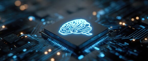 A glowing brain graphic on a circuit board