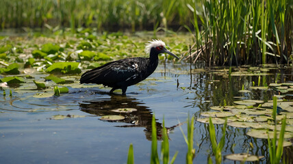 A Horned Screamer stands knee-deep in a shallow wetland ai