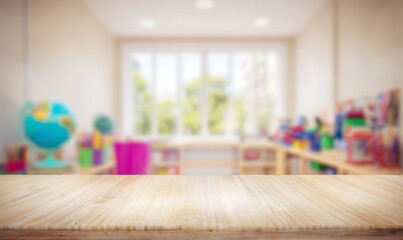 Wooden table background classroom blurred interior