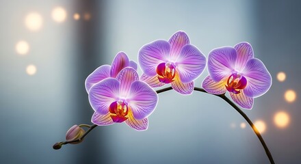 Delicate purple orchids bloom with ethereal light and bokeh