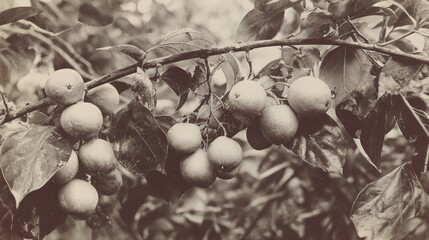 Sepia-toned fruit laden branches with leafy foliage against a blurred background