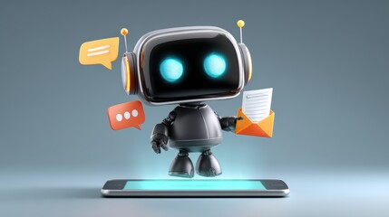 Cute Chatbot Assistant with Envelope and Message Icons on Smartphone.