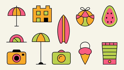 Comprehensive collection of summer vacation and holiday themed icons for travel and leisure activities featuring essential elements for getaways and relaxation