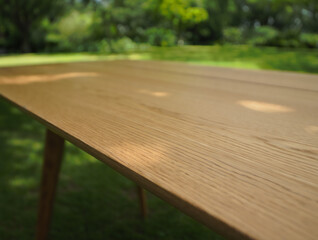 Empty wooden picnic table in a sunlit park setting with blurred green trees