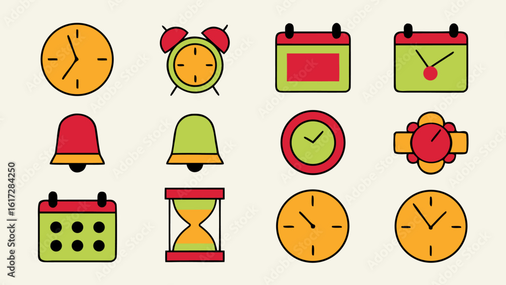 Poster comprehensive collection of essential time management symbols including a ticking timer alert bell a