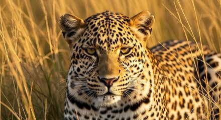 Naklejka premium Majestic Leopard's Intense Gaze in Golden Sunlight