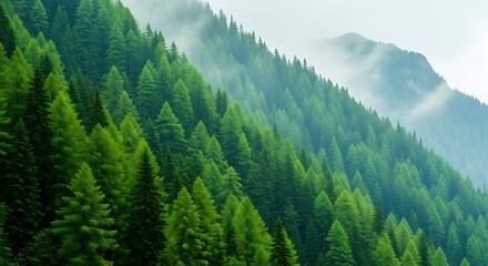 Fototapeta premium Misty mountain forest with lush green trees and soft fog