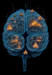 An ethereal, top-down view of a brain composed of luminous blue networks, housing miniature, glowing architectural structures within its hemispheres
