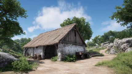Fototapeta premium A rustic thatched-roof cottage surrounded by greenery and rocks under a blue sky with fluffy clouds, evoking a peaceful rural setting.