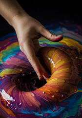 A hand plunges into a vortex of swirling, vibrant, multicolored paints, creating dynamic patterns and splashes of liquid color