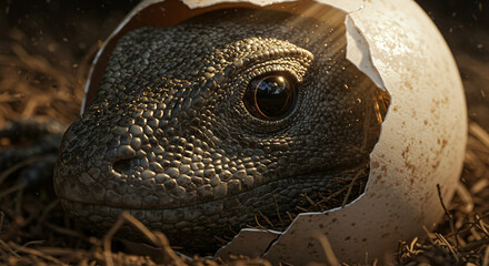 Fototapeta premium “Close‑up macro photograph of a newly hatched baby komodo emerging from shell on reddish earth surface, capturing fine shell detail texture and natural lighting for wildlife and nature projects”