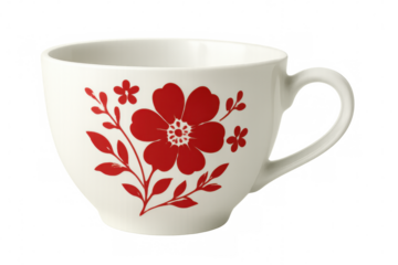 White cup with red floral design isolated on transparent background, perfect for showcasing beverages or adding a touch of elegance to designs