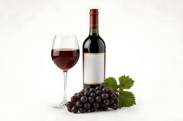 Fototapeta premium Bottle and glass of red wine, bunch of grapes with leaves isolated on a white background