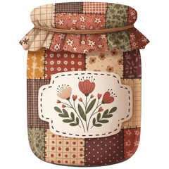 A charming, illustrated jar adorned with a patchwork design, its lid elegantly crafted. The centerpiece showcases a floral design that embodies artistry and creative flair.