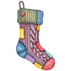 A festive Christmas stocking, meticulously illustrated with a vibrant patchwork of textures and colors, evoking the warmth and joy of the holiday season.