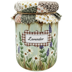 A beautifully adorned glass jar of lavender, a charming decor piece, showcasing a whimsical design with painted lavender flowers and intricate patchwork detailing.