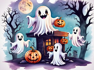 Cheerful cartoon ghosts with jack o' lanterns and a haunted house on a full moon night