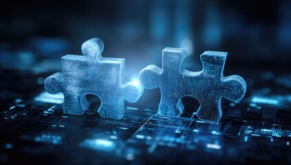 Two digital puzzle pieces fitting together on a circuit board