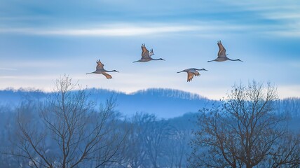Four Sandhill Cranes Flying in a Cloudy Sky