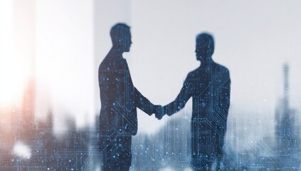 Business handshake, blurred urban background, digital overlay