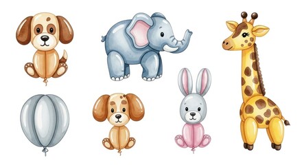 Naklejka premium Adorable animal balloons featuring a dog, elephant, giraffe and rabbit, perfect for birthday parties and celebrations