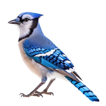 A blue jay bird with blue and white feathers, standing on a transparent background.