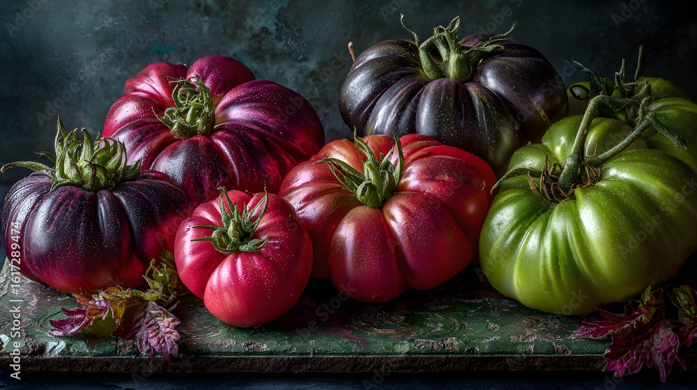 Poster vibrant display of assorted heirloom tomatoes.