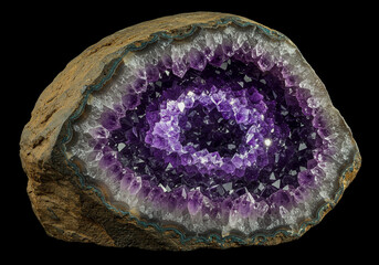 A breathtaking amethyst geode displays a stunning cave of vibrant purple crystals, radiating a rich, natural beauty