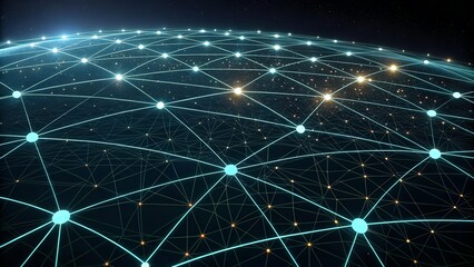 The image shows a network of interconnected nodes and lines over a globe-like sphere against a starry background, suggesting global connectivity and data