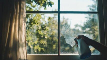 Person cleaning a window, spraying cleaner onto glass panes, sunlight through foliage.