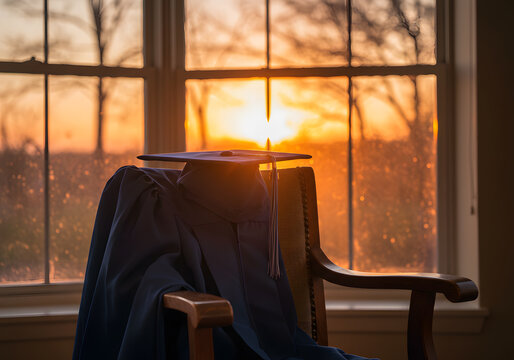 Graduation gown and cap at sunset - Powered by Adobe