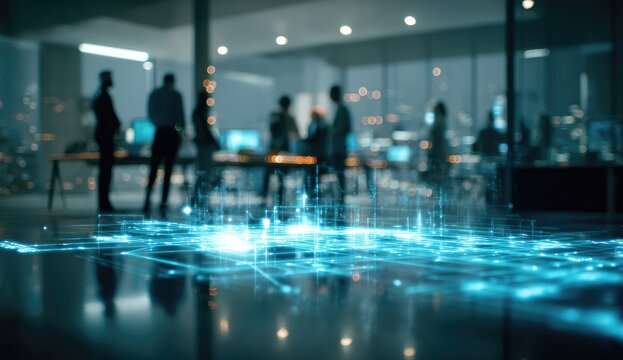 Blurred silhouettes of a group of people in a modern office space, with glowing, digital network patterns on the floor - Powered by Adobe